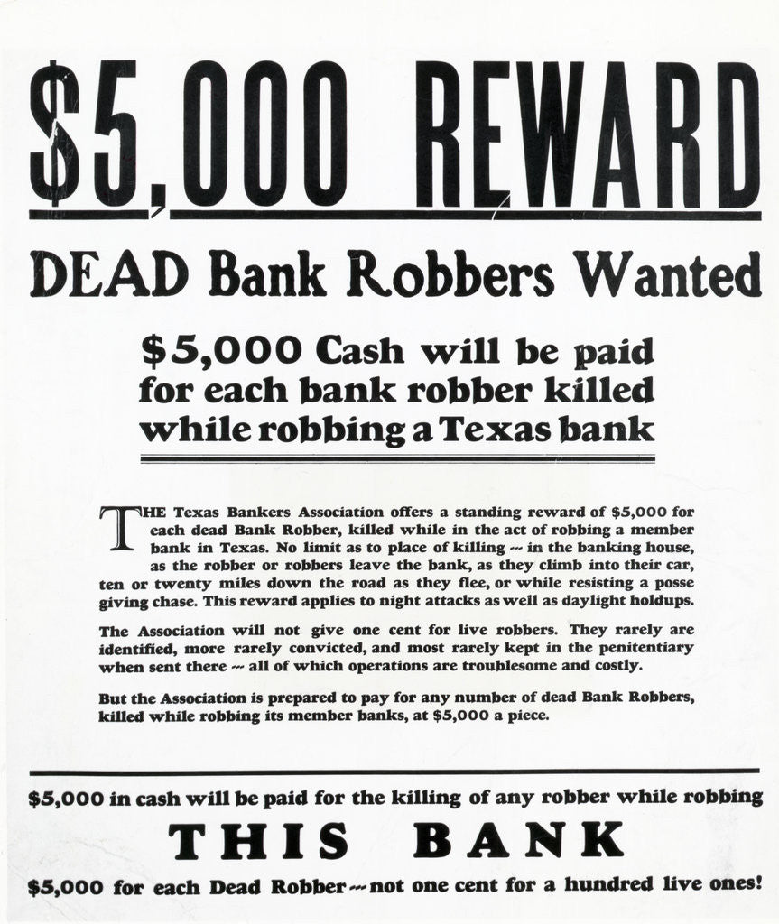 Detail of Reward Poster for Dead Bank Robbers by Anonymous
