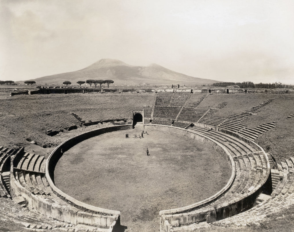 Detail of Amphitheater of Pompeii with Vesuvius in Background by Anonymous