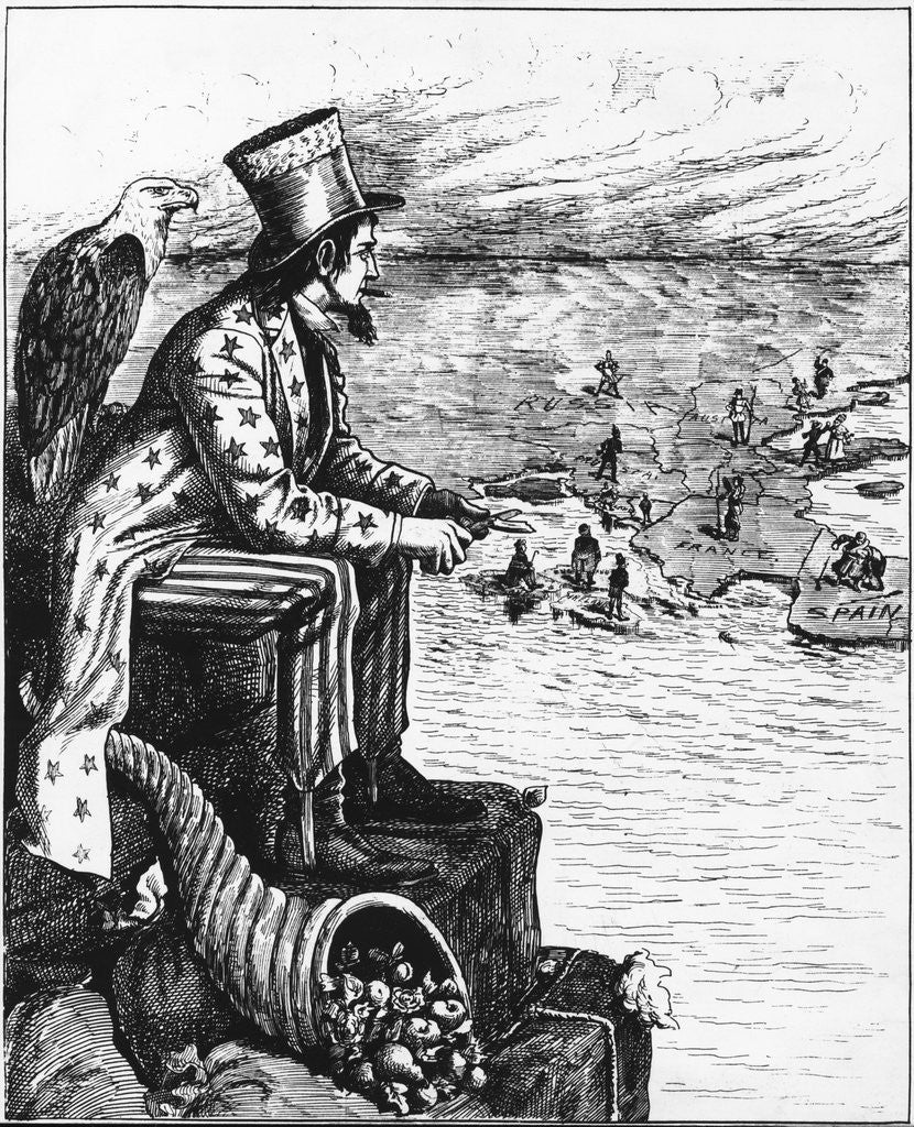 Detail of Political Cartoon of Uncle Sam Viewing Europe from Pedestal by Anonymous