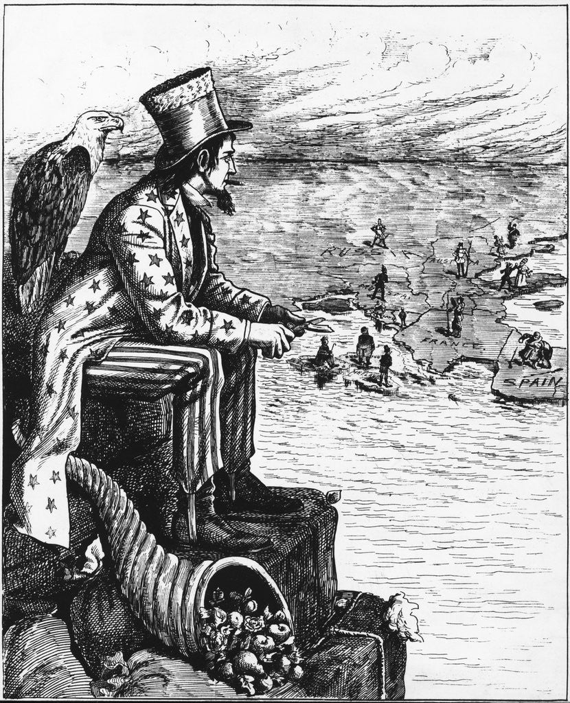 Detail of Political Cartoon of Uncle Sam Viewing Europe from Pedestal by Corbis
