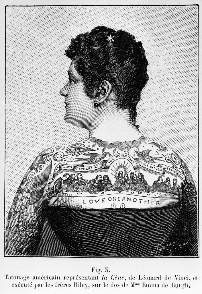Detail of Woman W/Elaborate Tattoos - Woodcut by Anonymous