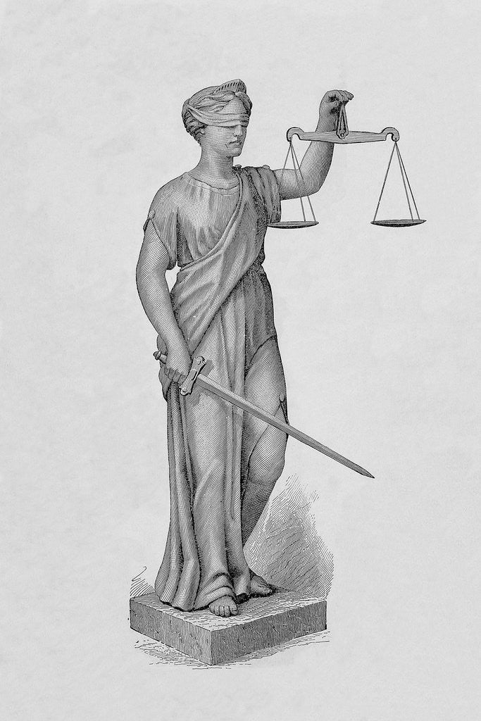 Detail of Engraving of Statue of Justice Holding the Scales by Corbis