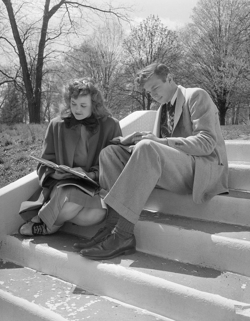 Detail of Students on Steps Reading by Anonymous