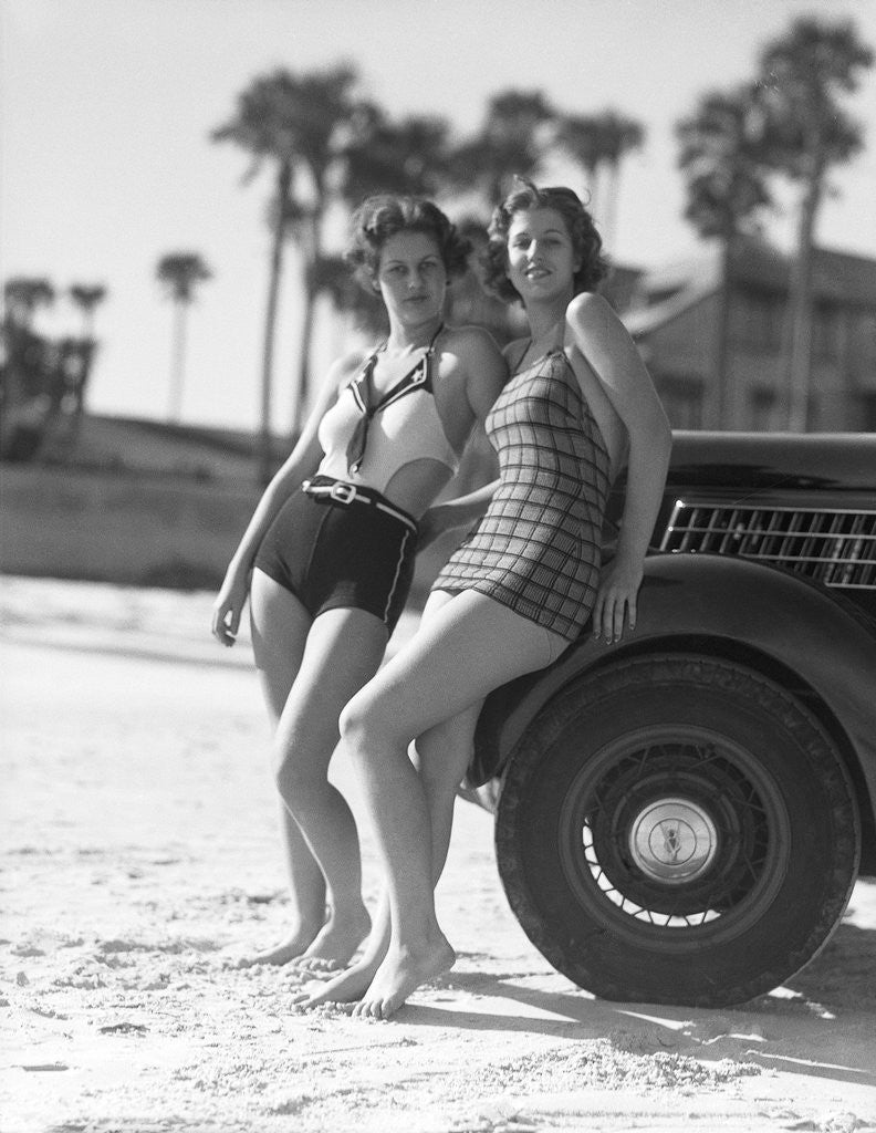 Detail of Women in Bathing Suits Leaning Against Car by Anonymous