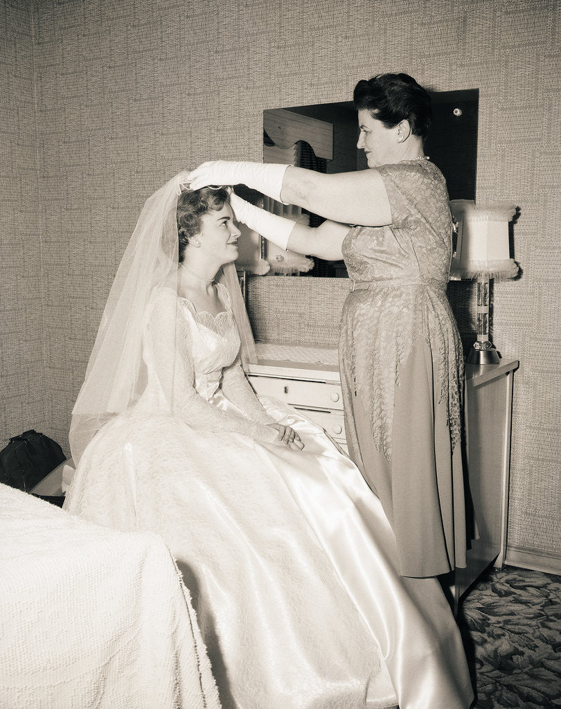 Detail of Mother Putting Bridal Veil on Daughter by Anonymous