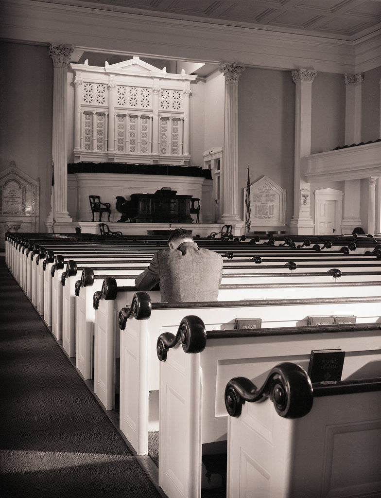 Detail of Man Praying in Empty Church by Anonymous