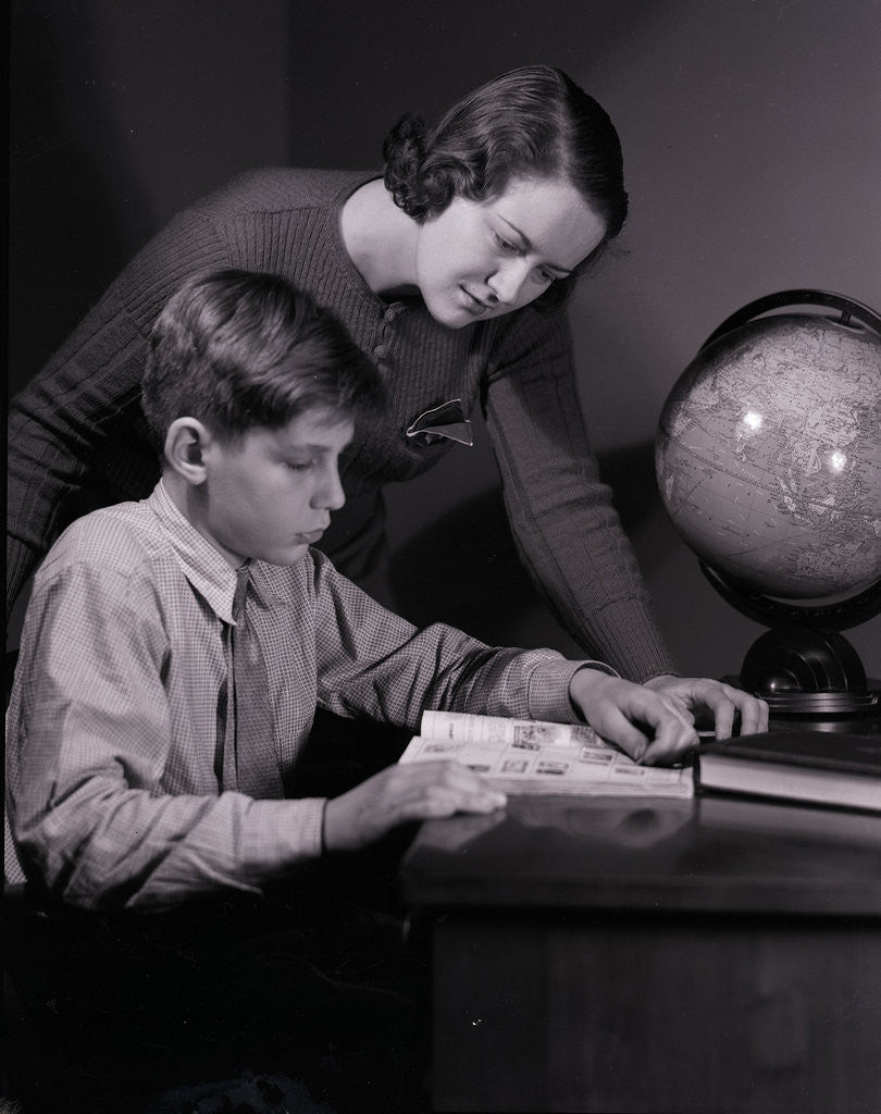 Detail of Mother Helping Son with Homework by Anonymous