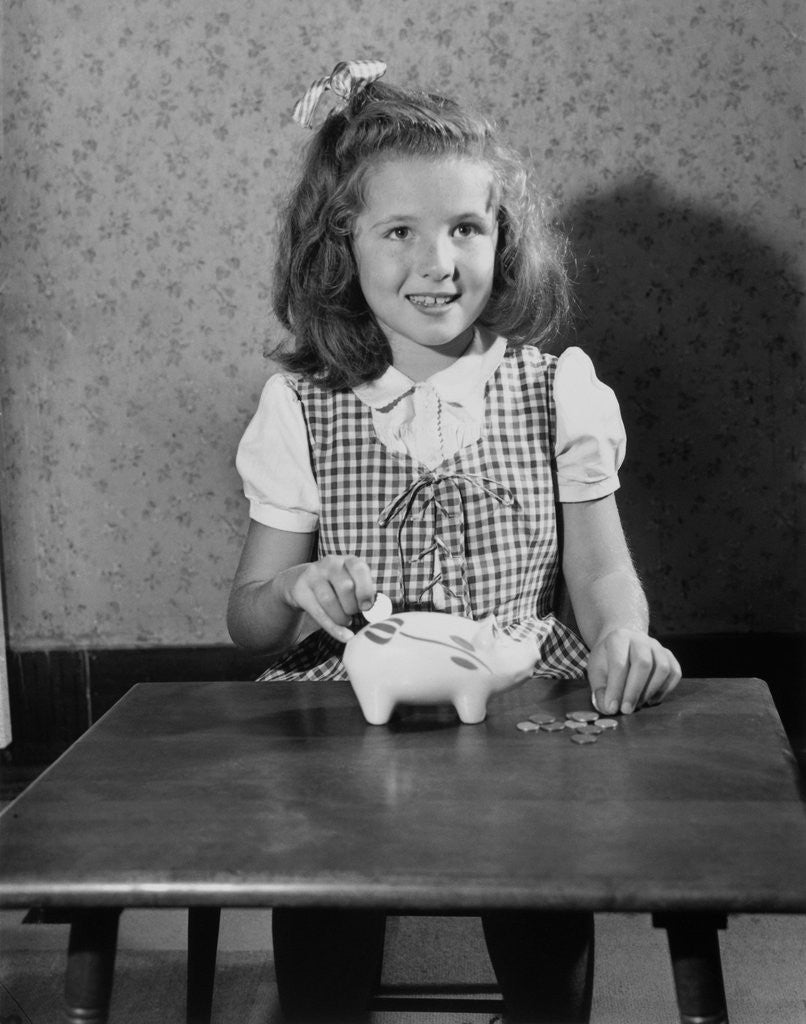Detail of Girl Putting Money In Piggy Bank by Anonymous
