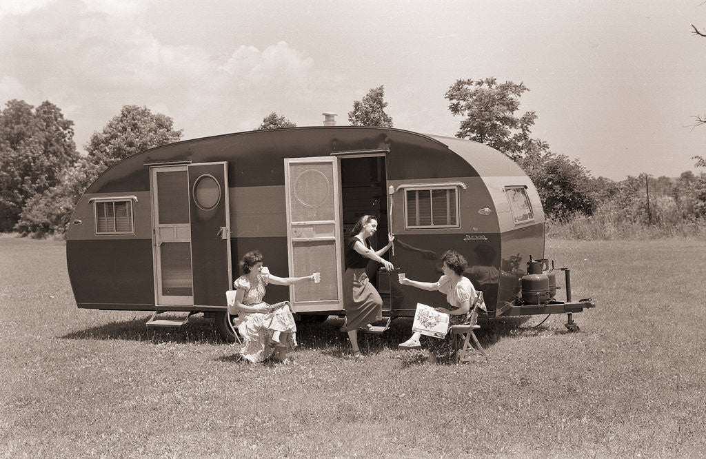 Detail of Women Gather Outside Trailer Home by Anonymous