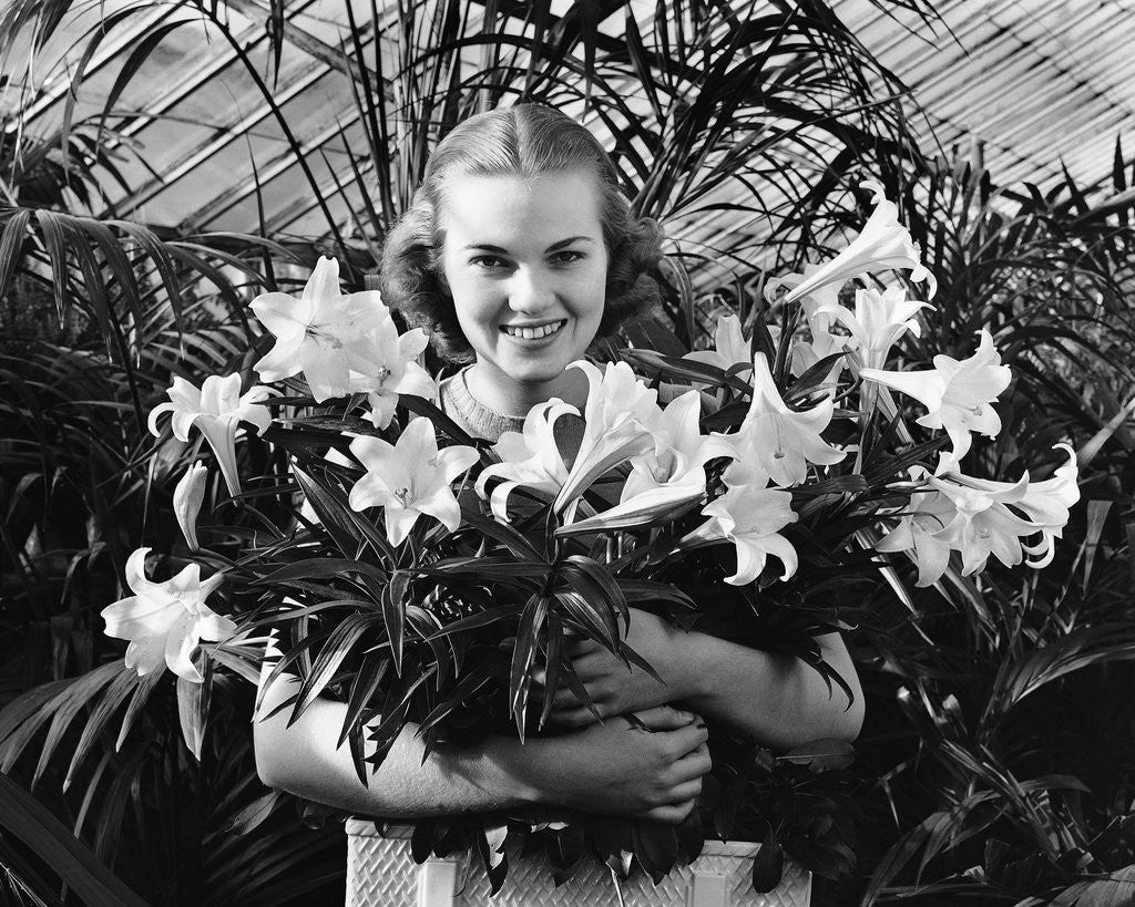 Detail of Young Woman with Arms Full of Easter Lillies by Anonymous
