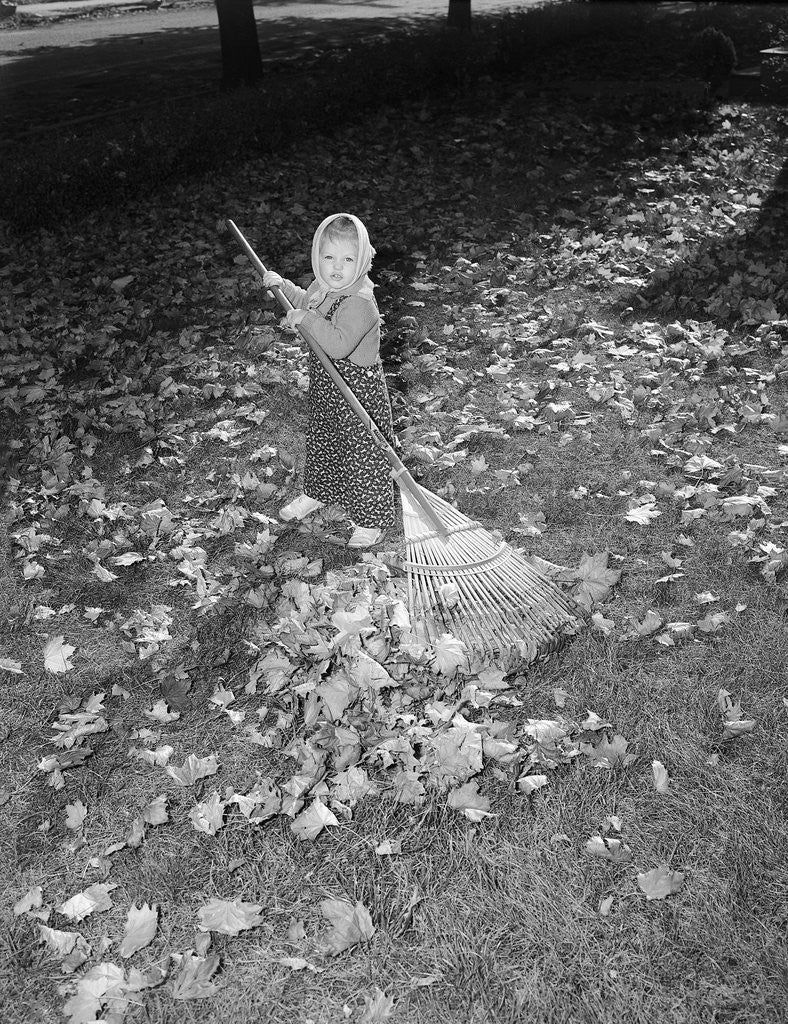 Detail of Little Girl Raking Leaves by Anonymous