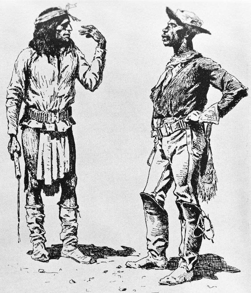 Detail of Illustration of Native American Communicating in Sign Language to Black Cavalryman by Frederic Remington