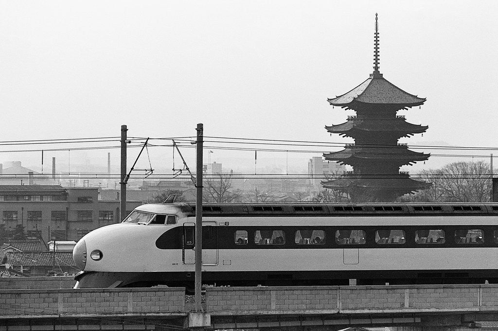 Detail of Bullet Train Running Past Pagodas by Corbis