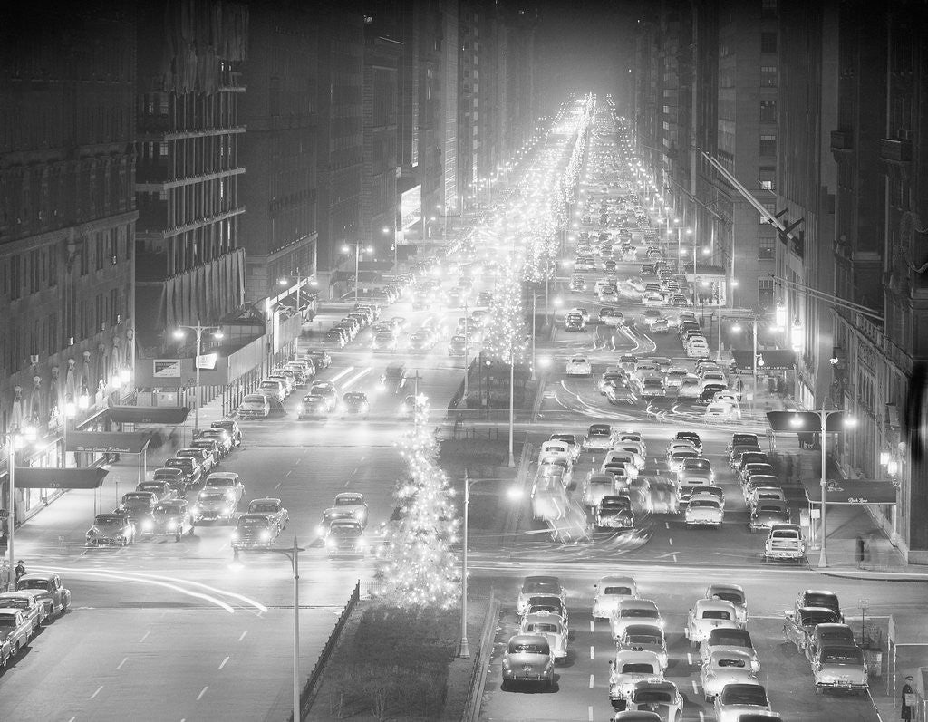 Detail of Park Avenue Lit Up with Christmas Trees by Anonymous