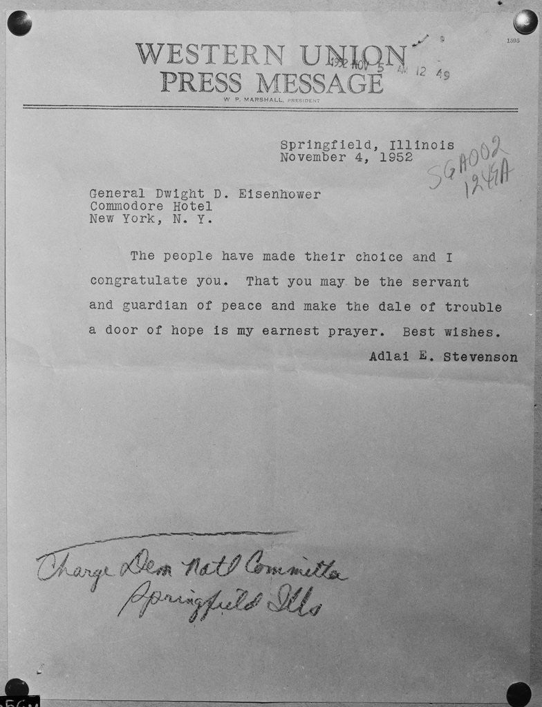 Detail of Congratulatory Telegram To Eisenhower by Anonymous