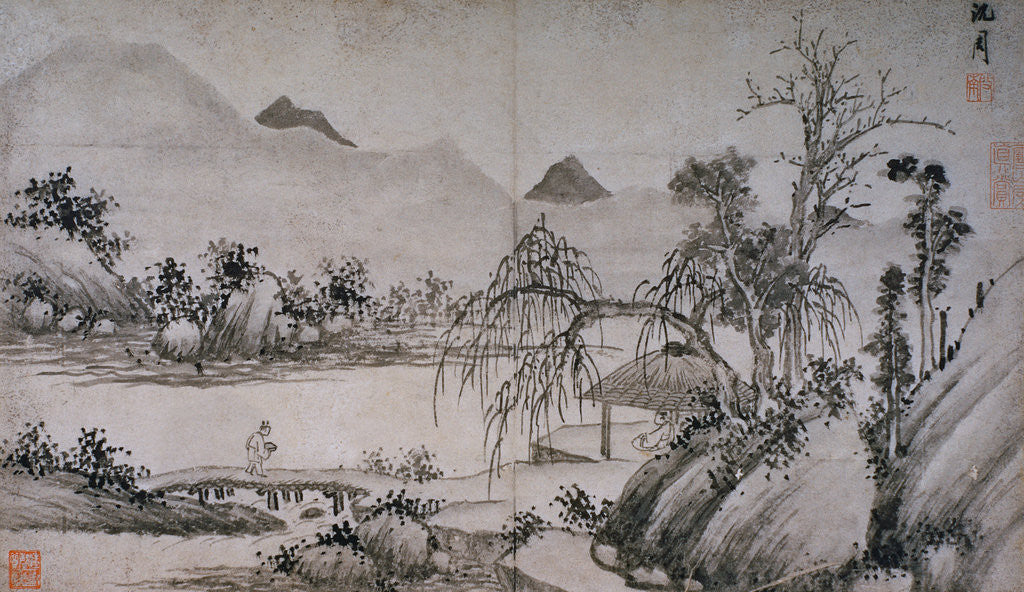 Detail of Figure Crossing a Bridge from Album of Eight Landscape Paintings by Shen Chou