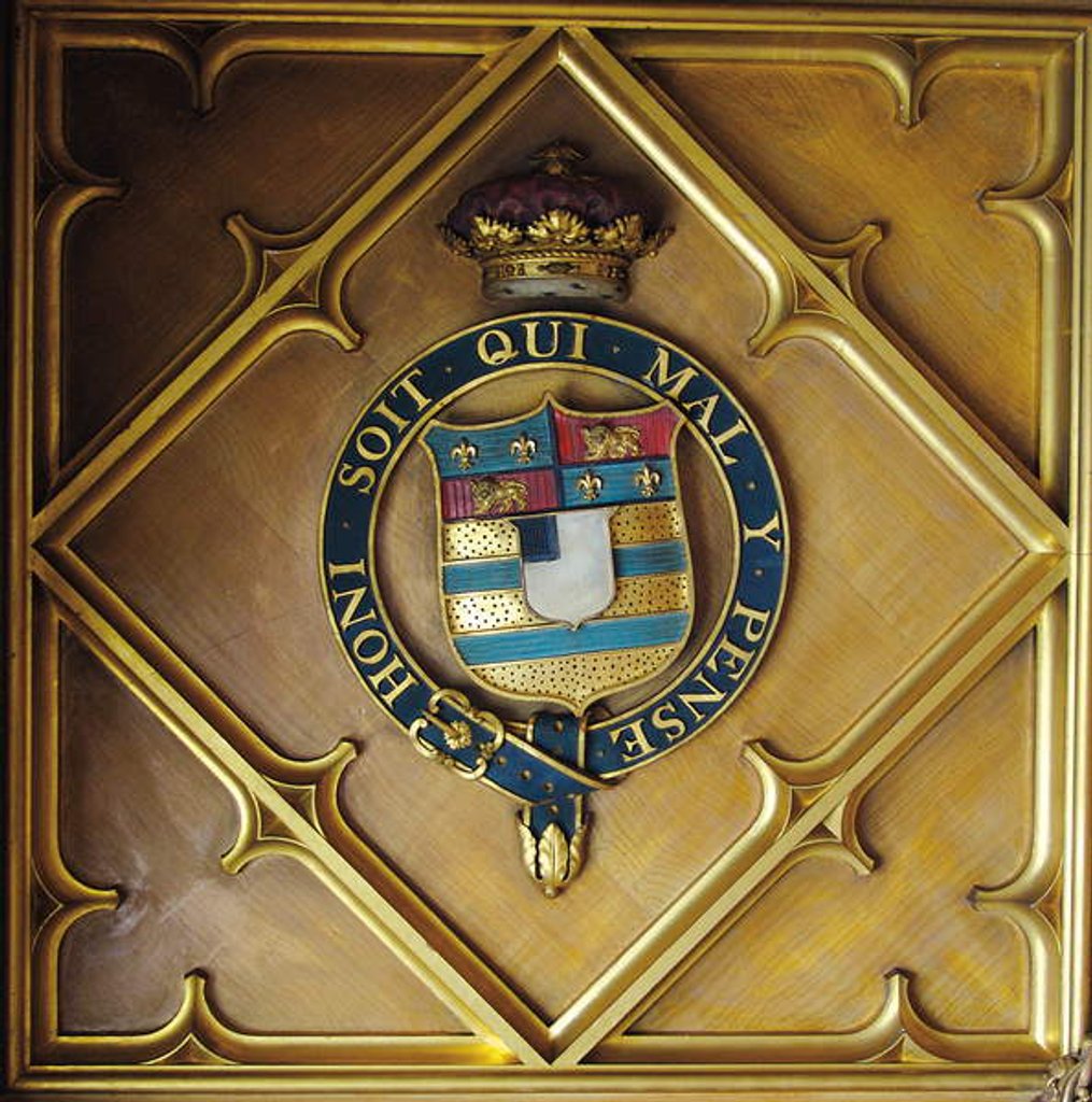 Detail of The Manners' arms impaled with those of the Sutton family on the library ceiling by English School