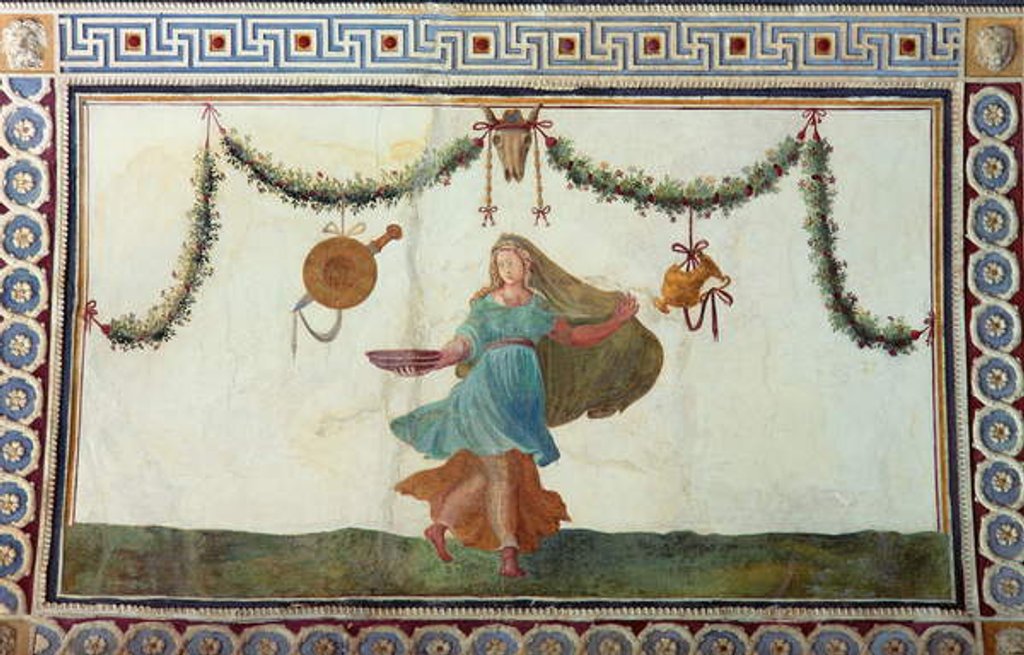 Detail of The 'Camera con Fregio di Amorini' detail of the ceiling depicting a woman holding a bowl, 1520s by Giulio Romano