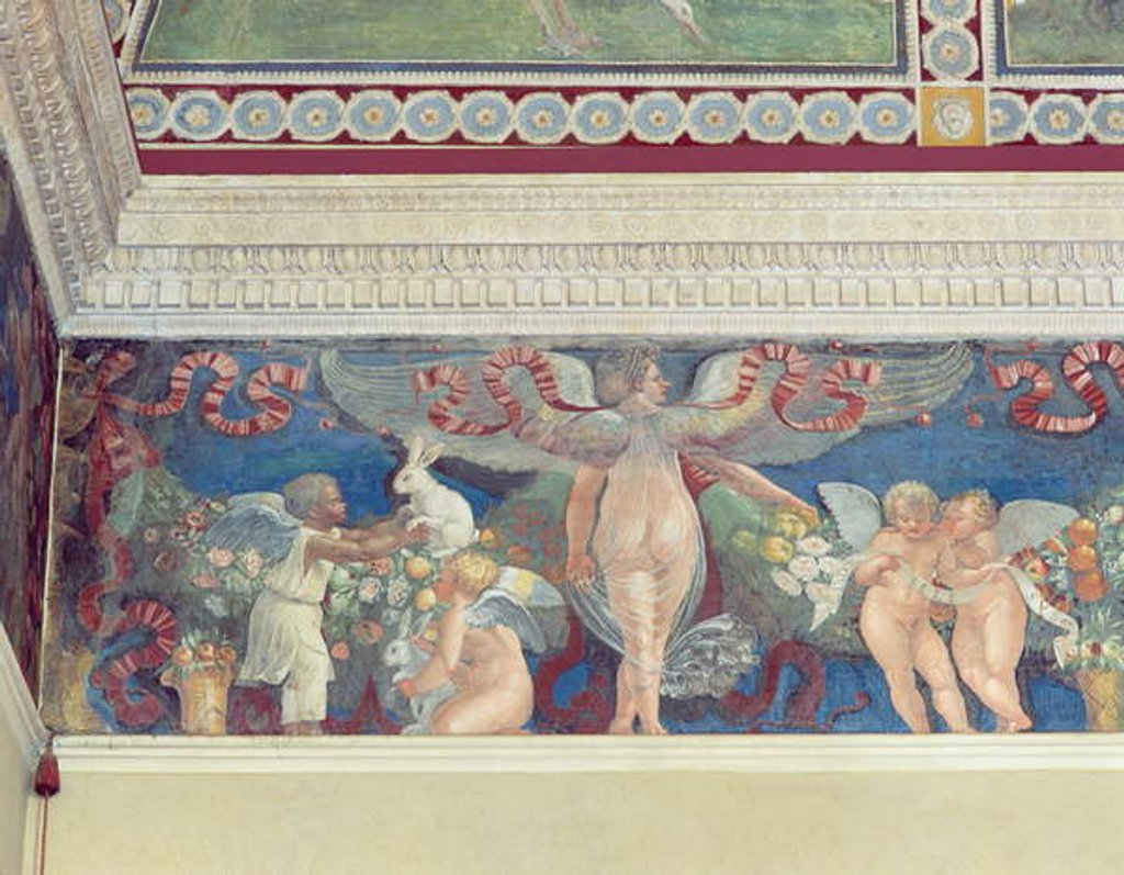 Detail of Frieze from the 'Camera con Fregio di Amorini' detail of two cupids, one black, playing with rabbits, 1520s by Giulio Romano