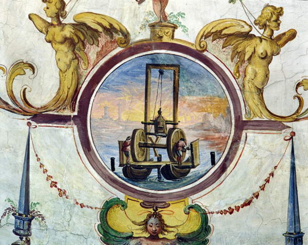 Detail of Large pontoon with a device to thrust stakes into the sea-bed by Giulio (attr.to) Parigi