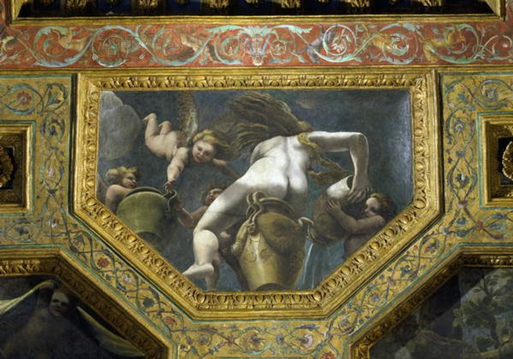 Detail of A nymph pouring water from an urn aided by putti, ceiling caisson from the Sala di Amore e Psiche, 1528 by Giulio Romano