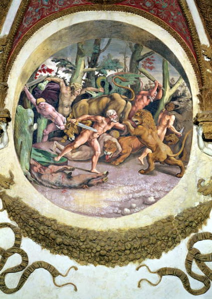 Detail of Scene showing that those born under the sign of Leo in conjunction with the constellation of the Dog Star will face wild animals without fear by Giulio (and workshop) Romano