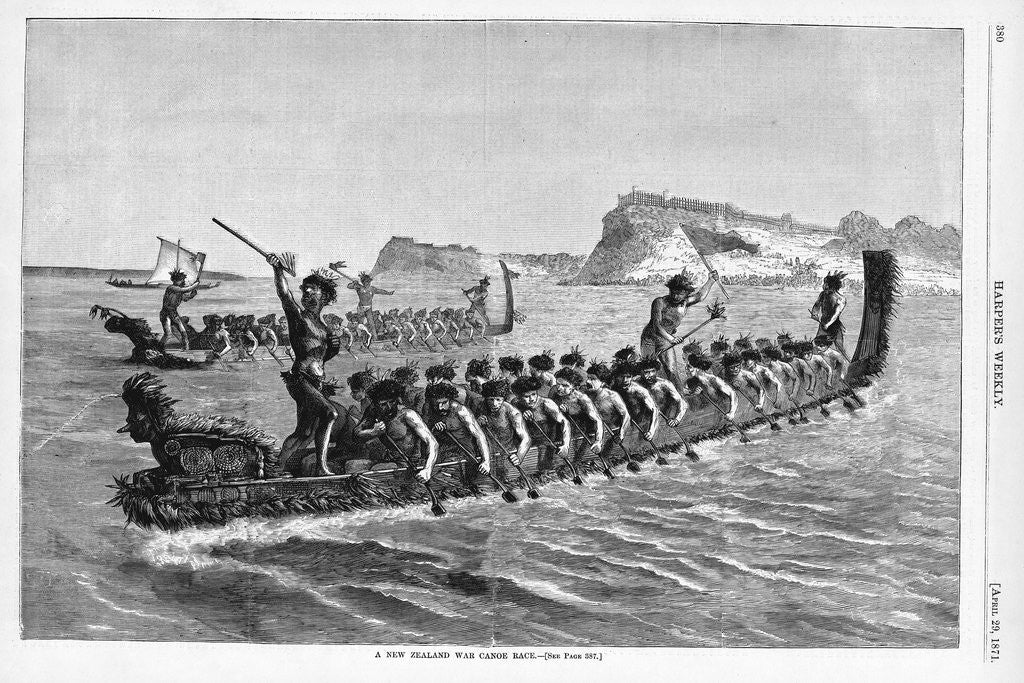 Detail of A New Zealand War Canoe Race Illustration by Corbis