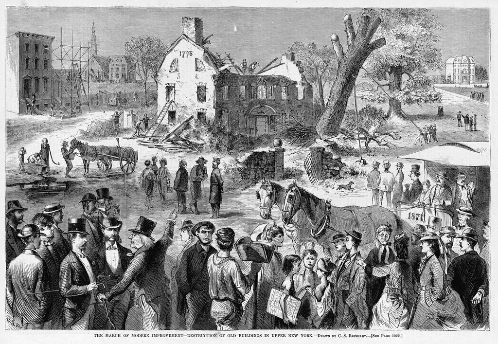Detail of The March of Modern Improvement - Destruction of old Building in Upper New York Illustration by Anonymous