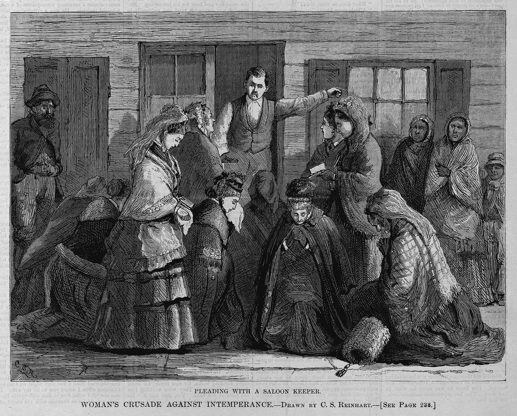 Detail of Pleading With a Saloon Keeper. Woman's Crusade Against Intemperence by Anonymous