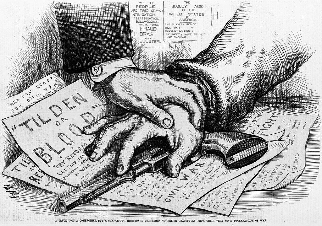 Detail of Two hands that are touching a gun that is laying on advertisments by Anonymous