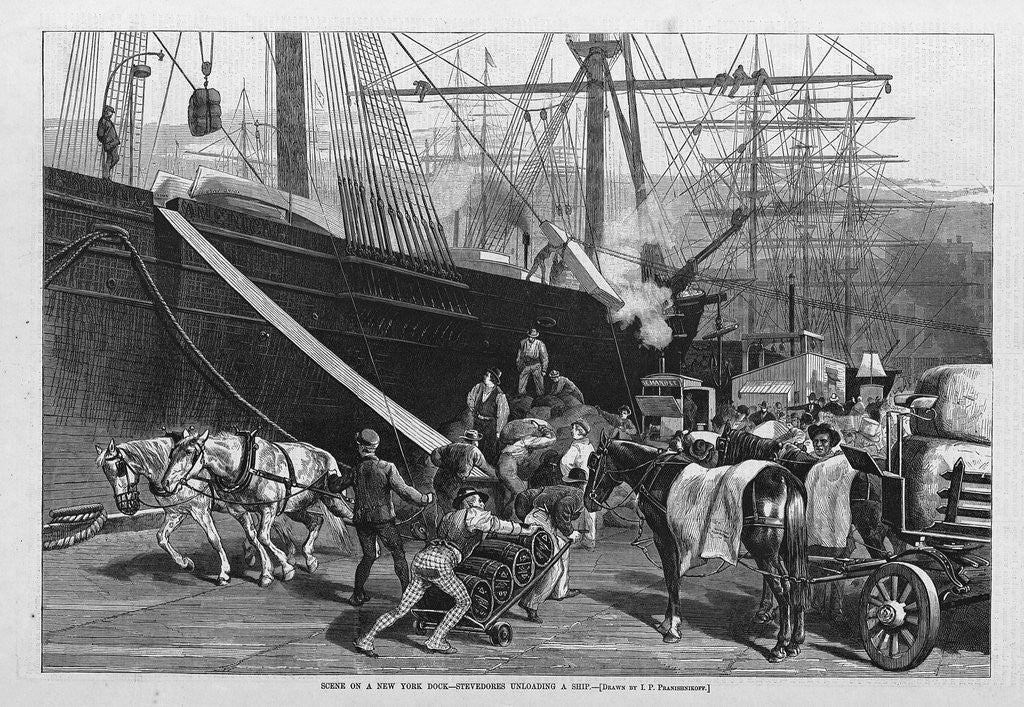 Detail of Scene on a New York dock - stevedores unloading a ship by I. P. Pranishnikoff