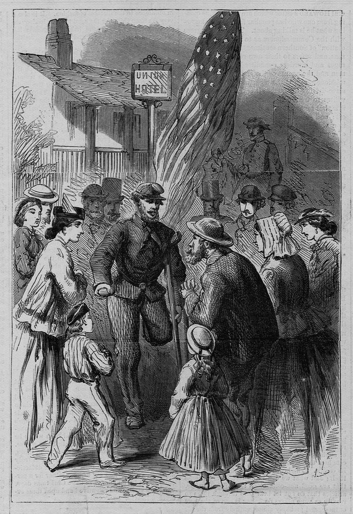 Detail of A veteran with a crutch stands with a crowd around him by Anonymous