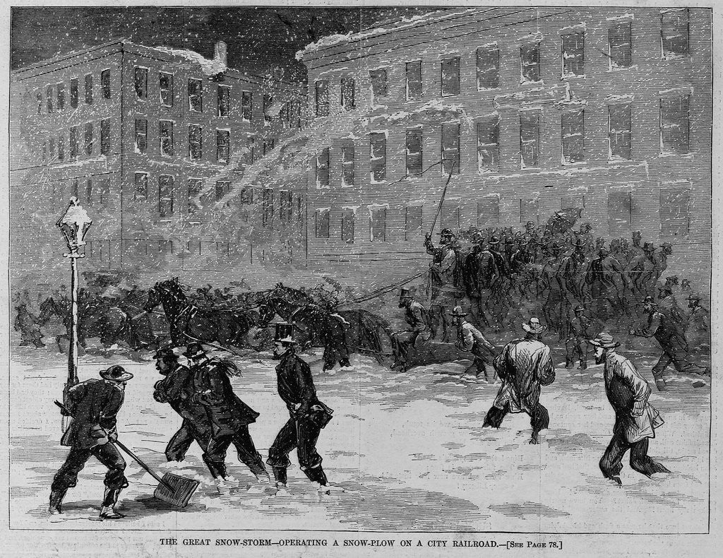Detail of The great snow-storm - operating a snow-plow on a city railroad by Anonymous