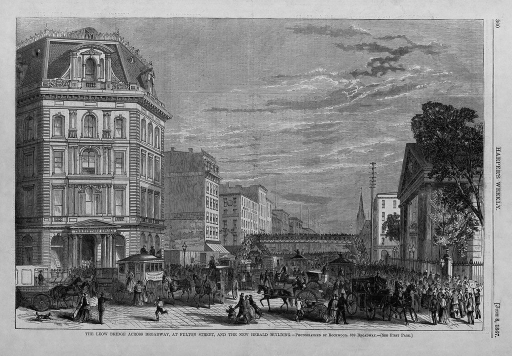Detail of The Leow bridge across Broadway, at Fulton Street, and the New Herald Building by Roc
