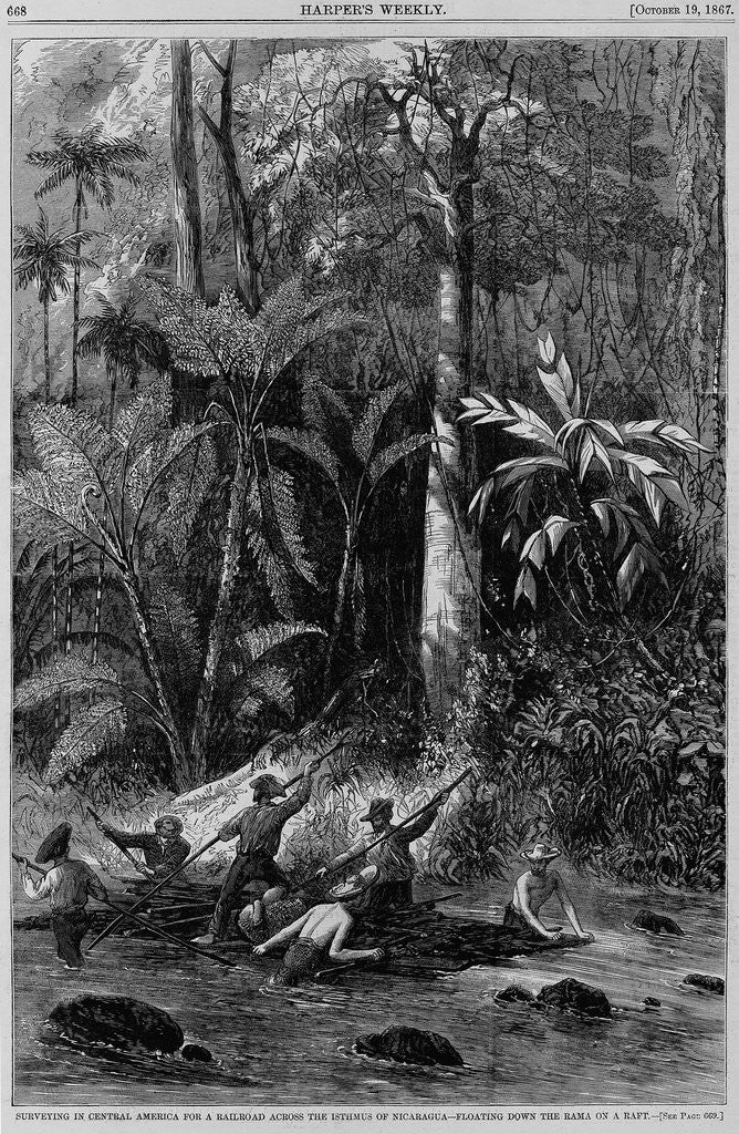 Detail of Surveying in Central America for a railroad across the Isthmus of Nicaragua - floating down the Rama by Anonymous