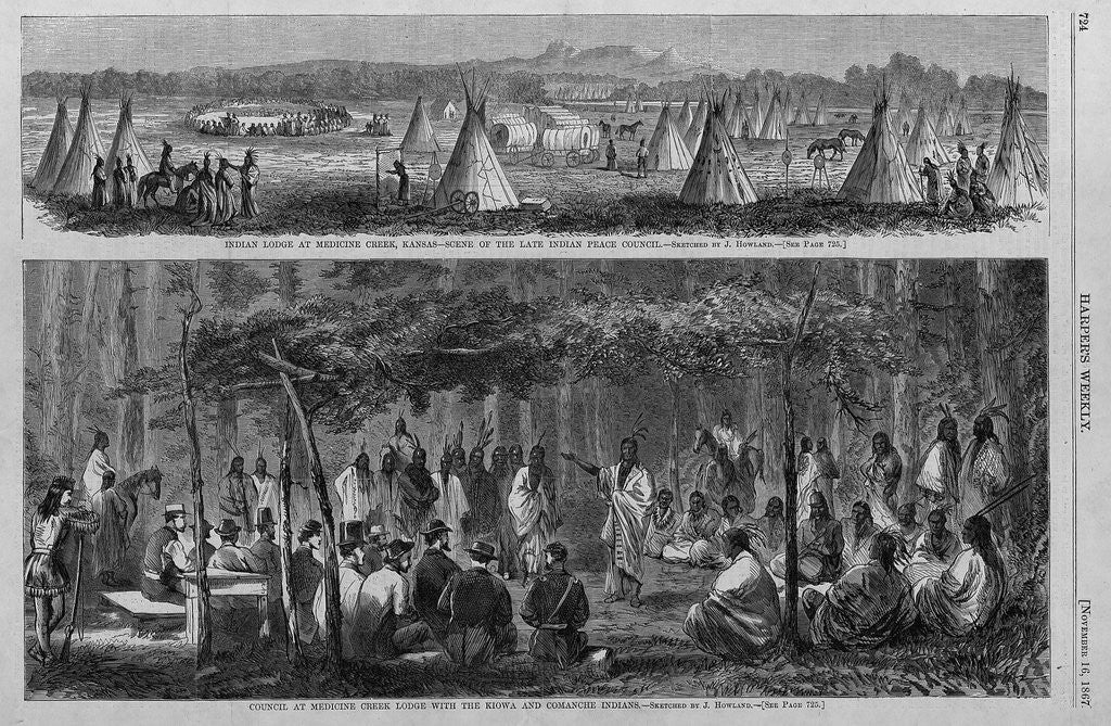 Detail of Indian lodge at Medicine Creek, Kansas - scene of the late indian peace council by J. How
