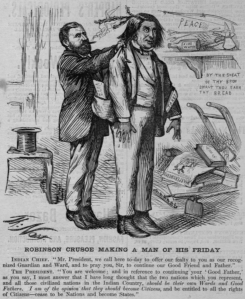 Detail of Robinson Crusoe making a man of his friday. Indian chief by Anonymous