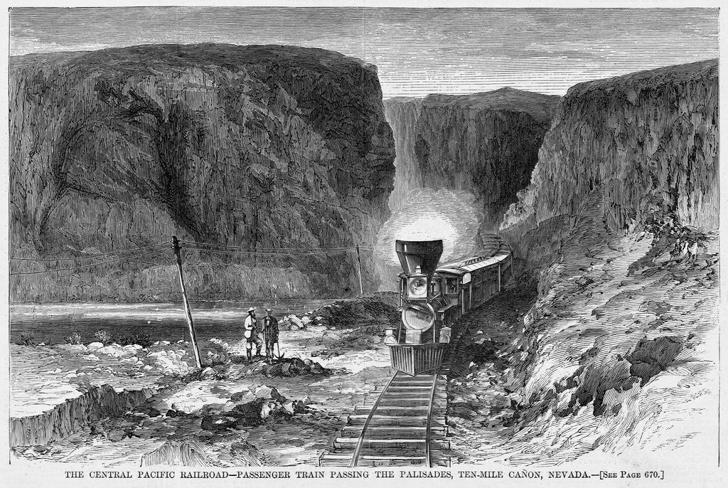 Detail of The Central Pacific Railroad - Passenger Train Passing the Palisades, Ten-Mile Canon, Nevada by Anonymous