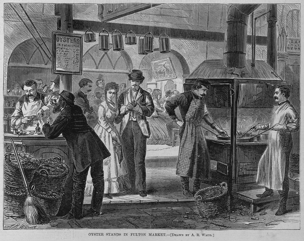 Detail of Oyster stands in Fulton Market by A. R. Waud