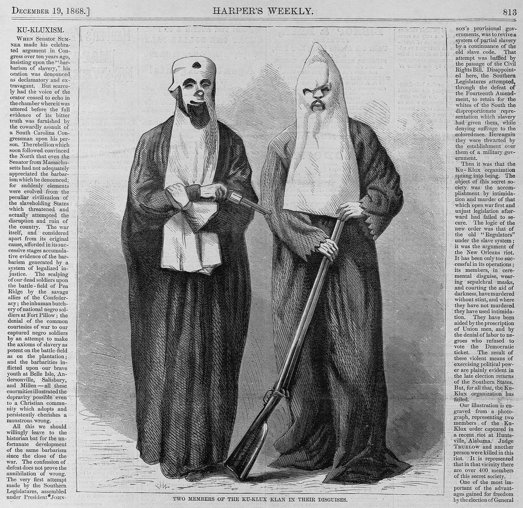 Detail of Page with text and diagram. Two members of the Ku-Klux-Klan in their disguises by Corbis