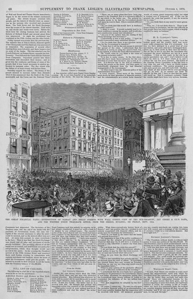 Detail of The Great Financial Panic - Intersection of Nassau and Broad Streets with Wall Street - View of the Sub-Treasury, Jay Cooke & Co.'s Bank, And the Wester by Anonymous