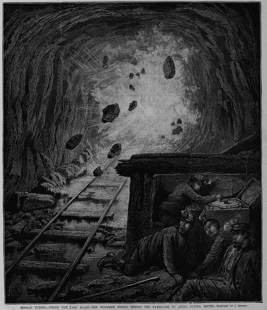 Detail of Hoosac Tunnel - Firing the Last Blast - The Workmen Hiding Behind the Barricade to Avoid Flying Rocks by Anonymous