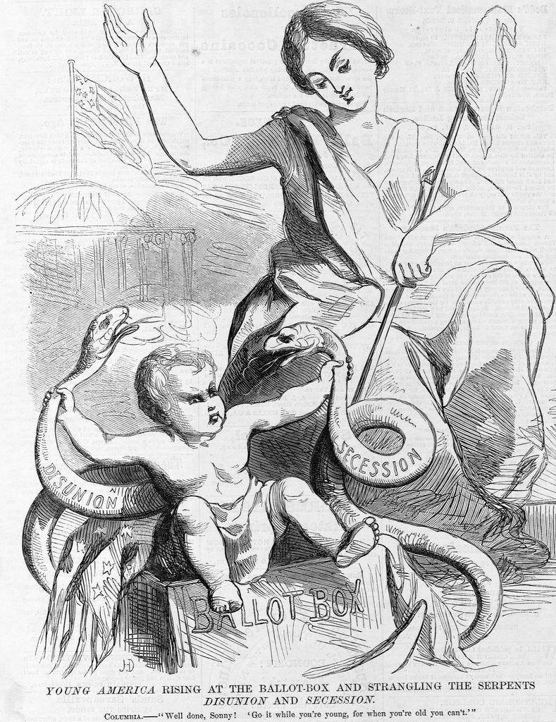 Detail of Young american rising at the ballot-box and strangling the serpents disunion and secession. Columbia by Anonymous
