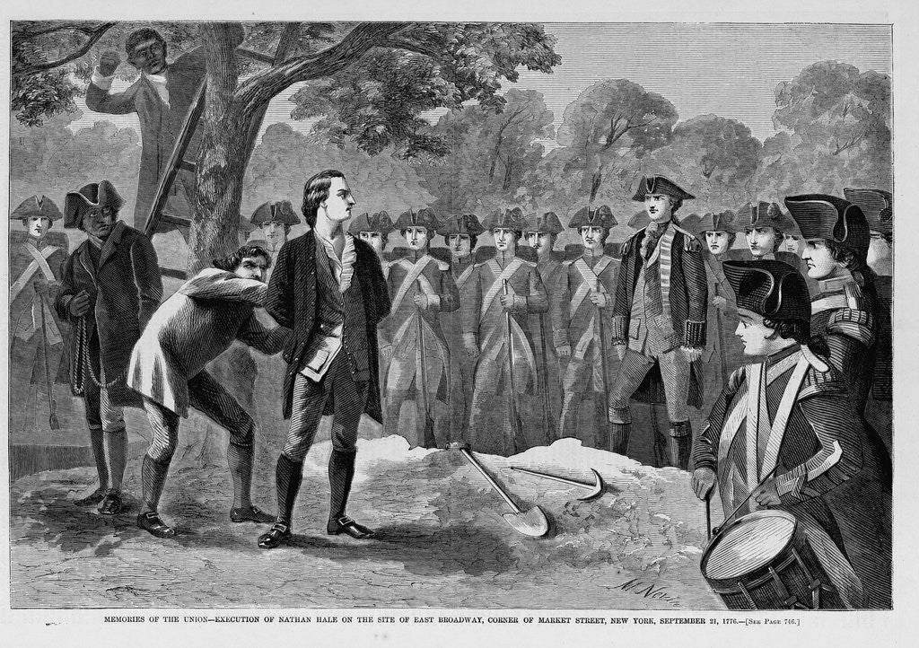 Detail of Memories of the Union - execution of Nathan Hale on the site of East Broadway, corner of Market Street, New York, September 21, 1776 by Anonymous