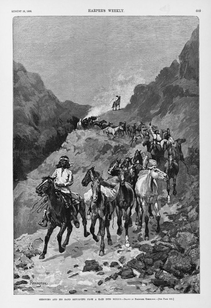 Detail of Geronimo and his band returning from a raid into Mexico by Frederic Remington