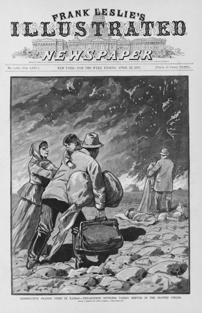 Detail of Destructive prairie fires in Kansas - Endangered settlers taking refuge in the plowed fields. From a sketch by John Cassell by Anonymous