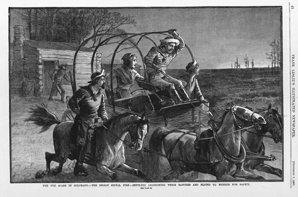 Detail of The Ute scare in Colorado - The Indian signal fire - Settlers abandoning their ranches and flying to Meeker, for safety by Anonymous