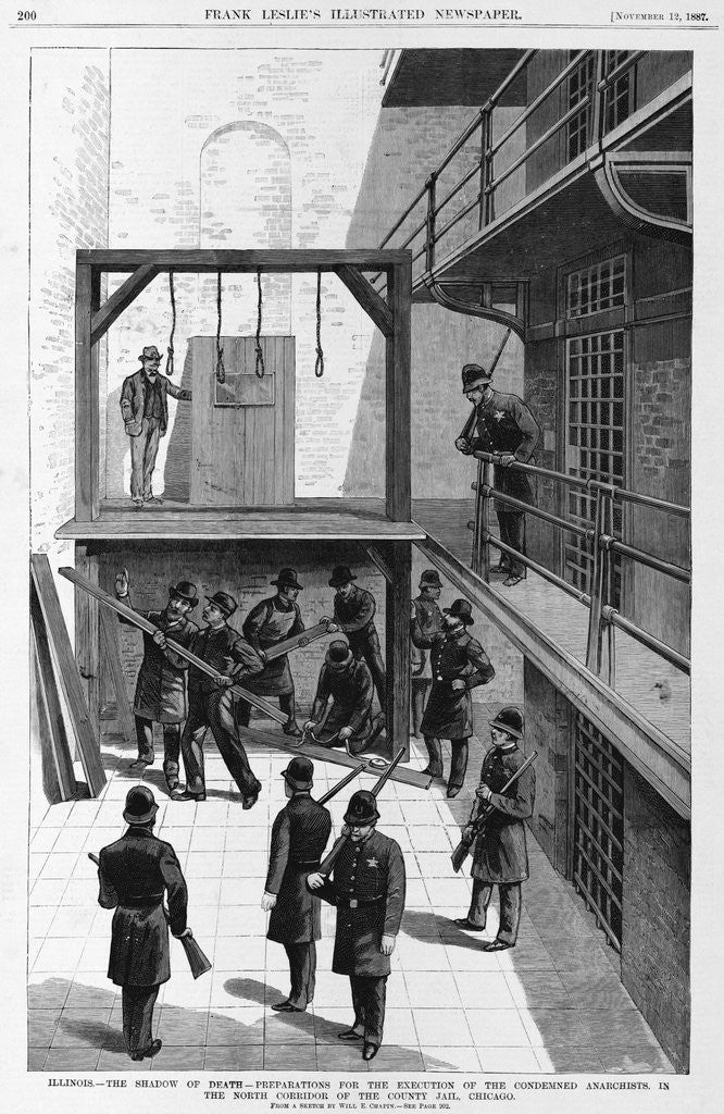 Detail of Illinois - The shadow of death - Preparations for the execution of the condemned Anarchists, in the North Corridor of the County Jail, Chicago. From by Anonymous
