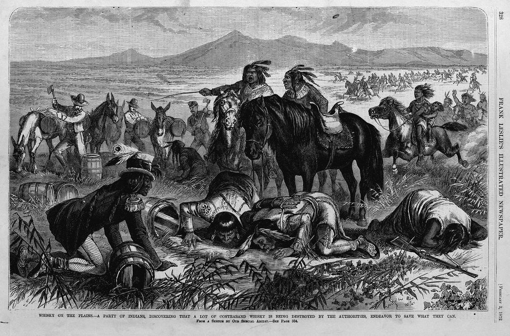 Detail of Whisky on the plains - A party of Indians, discovering that a lot of contraband whisky is being destroyed by the authorities, endeavor to save what th by Anonymous