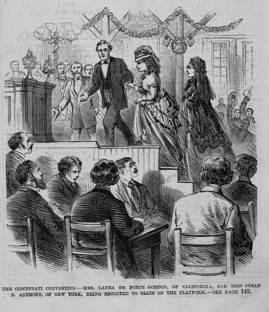 Detail of The Cincinnati Convention - Mrs. Laura De Force Gordon, of California, and Miss Susan B. Anthony, of New York, being escorted to seats on the platform by Anonymous